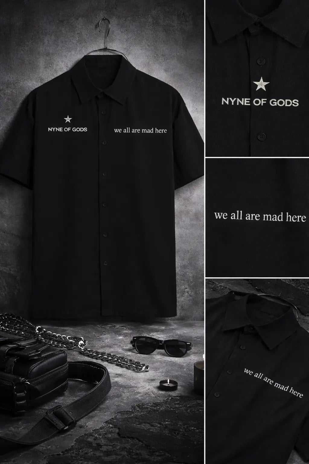 Black shirt with 'NYNE OF GODS' and 'we all are mad here' text, displayed on a textured dark background.