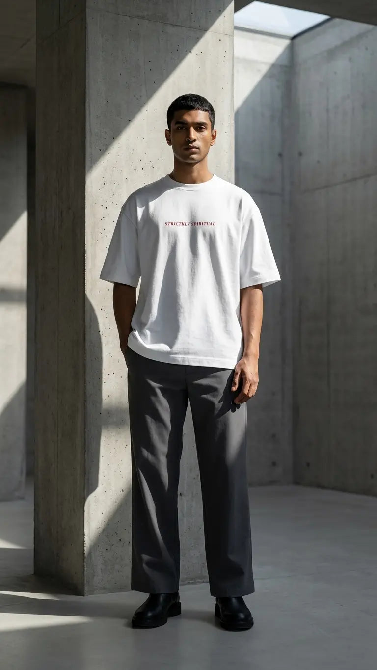 Man wearing a white t-shirt with text in a minimalistic setting